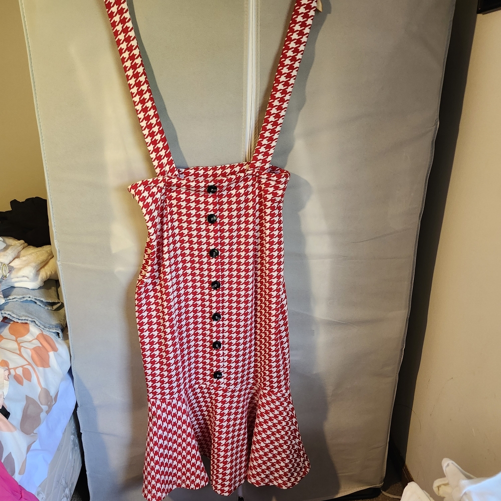 SHEIN Red Houndstooth Suspender Skirt